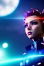 Placeholder: Futuristic anime elf, portrait from waist up, physically fit, latex and leather attire, blue eyes, pastel hair, intricate eyeliner, vibrant eyeshadow, clear completion, soft lighting, 4k resolution, intricate details, insanely detailed, colorful cityscape background, masterpiece, expert, cinematic smooth, retroanime style, realistic details, no helmet