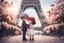 Placeholder: cute chibi mahogany haired girl with a short, silver haired boy, Eiffel tower, heart and love, flowers in Paris, ethereal, cinematic postprocessing, bokeh, dof