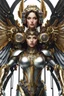 Placeholder: Photo Full body Lady Angel cyborg straddle wings, using traditional armor,detailed, intricate,gears cogs cables wires circuits, gold silver chrome copper,abstract background