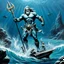 Placeholder: (art by Ray Harryhausen) Neptune in the deep ocean holding his Trident, Standing on a Sled with no wheels drawn by two great Bluefish swimming in the same direction Neptune us facing