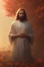 Placeholder: Jesus portrait at dawn by atey ghailan, golden light , white robe, angels background, volumetric light, high detail, red leaf tree, mountains in background, perfect