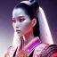 Placeholder: Rosalía, Cyborg anime samurai, cyberpunk, white skin, light black hair, geisha hairstyle, cobalt eyes, blood stains, waist up portrait, 8k resolution, retroanime, intricate details, neon details, soft lighting, vibrant colors, masterpiece, intricate eyeliner, dark eyeshadow, eyes, intricate tattoos, gradient background