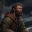 Placeholder: The lanky brown haired bearded deckhand "Simon Lionguard" looking out at a stormy sea realistic grimdark