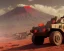 Placeholder: wide angle of Gi joe driving A lunar armored rover with tracks and claw and orange, troops, volcano in background, headlights