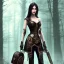 Placeholder: steampunk, dark forest, black hair, leather clothes, long legs, full-body