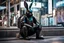 Placeholder: Half robot, half organic black rabbit wearing body armor. He is sittin on the neon-soaked sidewalks of the city. Photograph.