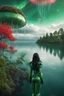 Placeholder: Photorealistic Photo Of A long black-haired woman in a green robot suit, Looking Out Over A Lake With jellyfish with red Tentacles, Tall Narrow Cloud Trees In The distance with an alien sky