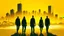 Placeholder: Create a GTA 5 illustration style image of 3 people and a city in the background with a yellowish atmosphere