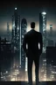 Placeholder: Generate an image where the man in the black suit and tie is standing in a modern cityscape. The background should consist of tall, glass skyscrapers, with lights illuminating the city at night. The man should be positioned in the foreground, with his back slightly turned towards the viewer, as if he is observing the city below. His confident stance and the sleekness of his suit should convey a sense of power and sophistication.