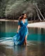 Placeholder: beautiful girl in pretty blue dress walking in water toward camera in trees next to wavy river with clear water and nice sands in floor.camera capture from her full body front