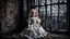 Placeholder: an old, dirty, worn (porcelain doll sitting in a beautiful lace dress) in a broken, dirty window, spiderweb, abandoned old room, dark surreal atmosphere, dull lights, dark colors sinister , surrealism, matte background