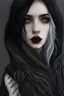 Placeholder: Realistic digital art, full body portrait, beautiful, cute young gothic goddess, freckles, cute nose, dark black/bright white hair, long wavy braided hair, full lips, pale skin, freckles, dark black lipstick, dark gothic makeup, piercings, wearing a hooded scarf, tattoos, Nordic, asymmetrical hair, pale light eyes, white tattoos, digital art, masterpiece, trending on artstation, full body portrait