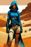 Placeholder: create a fine art print full body illustration of a rugged gritty, roughly textured, hooded, blue eyed, Fremen female mercenary with highly detailed feminine facial features, amidst the swirling desert sands of Arrakis, in the comic book art style of Bill Sienkiewicz, and Jean Giraud Moebius, finely textured, drawn, colored, and inked,