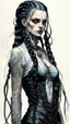 Placeholder: highly detailed, full body illustration, petite goth girl, long dark braided hair , sharply defined angular facial features, anatomic perfection, by Andrea Kowch> <Yoji Shinkawa> <Jean-Giraud Moebius, vibrant natural color tones, precisely drawn and inked, 8k resolution
