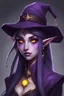 Placeholder: warlock dark elf with purple skin yellow eyes female cute with hat and scholar