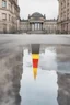 Placeholder: Typical Germany, Reichstag architecture, one small German flag hanging on the facade of the building. There is a street sign at the intersection. People on the street are reflected in a puddle on the asphalt. Watercolor style. 8k quality