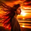 Placeholder: A very scantily clad young woman standing on the beach watching the sunset. The wind is playing with their hair.