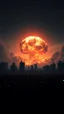 Placeholder: A field of random people at the end of the picture a dark sky with a glowing stars sky and a destroyed buildings in the background with a huge nuke explosion in the back