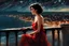 Placeholder: brunette woman 30yo with short bob hair in a flowing red dress on a balcony overlooking the sea at night with lots of stars in the sky:: digital matt painting with rough paint strokes by Jeremy Mann + Carne Griffiths + Leonid Afremov, black canvas