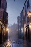 Placeholder: Diagon alley street at night, many houses, wet ground, pole with round light