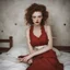 Placeholder: Top model Sara grace wallerstedt, freckles, in the style of egon Schiele, red nose, red dress, on a bed