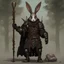 Placeholder: Harengon Druid Rabbit Humanoid, two-handed club with metal tip, leather and black armor, themed molding, distinctive anime style.