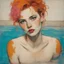 Placeholder: Egon schiele painting of a grunge woman, with freckles, she looks like jayne mansfield, , in the swimming pool, orange, pink, turquoise, yellow colors