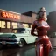 Placeholder: Ultra Realistic retro sci-fi afire Supermarket parking scene, 1960 year, blonde woman, sweet scarlet Johansson face, perfect iris, glow eyes, face makeup, tight latex coat; many panic people looking, Retro sci-fi style, soft color, highly detailed, unreal engine 5, ray tracing, RTX, lumen lighting, ultra detail, volumetric lighting, 3d, finely drawn, high definition, high resolution.