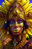 Placeholder: trans intersex huge eyes; high couture outfits in yellow and purple; nature landscape; nonbinary very deformed bodies; brazilian latino ethnicity headdress 3D Render of , High Detailed, Close-up, Dark light