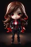 Placeholder: full body chibi woman with long brown hair, red eyes, bad girl vibe, mafia, dark alley setting, intricately detailed, masterpiece, anime chibi doll, 4k