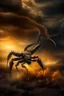 Placeholder: Scorpion surrounded by fire. Tail curled up behind his back ready to strike under a storming sky with lightening