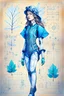 Placeholder: Hand drawn technical,full body portrait illustration , with detailed blueprints and engineering schematics of a walking leaf girl, with highly detailed facial features, drawings, and technical notation, 8k, vibrant natural colors