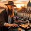 Placeholder: A bearded DJ with a hat on his head at the console, many electronic devices, consoles around, play middle street of medieval city,sunset