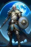 Placeholder: Please create an image for a 30-year old aasimar male with silver hair and a short, square beard and blue eyes but no explicit celestial features. He is a cleric, and standing outside in the moonlight wearing plate armor and wielding a shield and a warhammer. His equipment carries motifs of the crescent moon