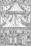 Placeholder: Coloring book page:: Circus: A whimsical illustration of a circus tent with acrobats, clowns, and a ringmaster:: high detail adult coloring book page thin black lines white background, 1 bit line art coloring book, only draw outlines, crisp, thick outlines, use up the entire screen, outline art, storybook illustration –no noise, book, logo, page, letters, words, markers, grayscale, –no black background –ar 3:4 –v 4