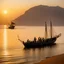 Placeholder: A dhow crosses the Strait of Hormuz, bathed in golden light. Bedouins wait with camels, loading goods onto the vessel. Tradition and trade merge in this timeless scene. Lateen rigging guides the dhow, camels add desert mystique. Sunset shadows as goods are loaded for the sea. Land and sea meet in a captivating dance of trade.