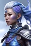 Placeholder: Female air genasi from dungeons and dragons, southeast Asian, wind like hair, Tough Traveler vibes, wearing Hide armor made from Jaculi snake skin, light blue coloring, purple coloring, realistic, digital art, high resolution
