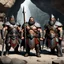 Placeholder: The sturdy Dwarves in front of the cave, with their characteristic proud, stout physiques, wear ornate, battle-worn armor adorned with bold, geometric patterns, and wield mighty axes, hammers, and swords. Their facial features are strong, with prominent beards, bushy eyebrows, and piercing, gemstone-like eyes. We Were Born Ready