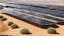 Placeholder: photo from solar power plants, solar energy panels stand in rows in a semi-desert, semi green planted futuristic ​​special landscape, special circular and columnar and abstract shaped solar panels, in the distance the metallic dome of a solar power plant glitters, in the foreground of the picture, stands on a hill a dark silhouette of a short-haired woman and looking up at the sun, the light blue-white sky shows a glowing sun. high detailed, sharp focus, masterpiece