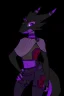 Placeholder: a black and purple, female argonian artificer who uses Tesla coils as weapons, skinny, lightly armored