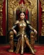 Placeholder: A length image of photography full body photo of a beautiful-faced Queen sitting on a luxurious chair in a palace, wearing luxurious battle armor with a design of gold and black metal plate and metal crafts with radiant diamond luster, decorated with flower-shaped red diamond stone, black leaf decorations,and small dragon decorations, against a gold background, holding a gold carved sword, accompanied by two white tigers angry face sitting beside him, with added details.