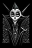 Placeholder: tim burton's jack skellington in a black hooded cloak drawn in a retro mascot style, inside a diamond shape on a black background, monochromatic