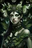 Placeholder: beautifulyoung woman adorned with butterflies and lily flowers with white, green crystals and little moss on them, headdress wearing butterfly embossed dark goth punk shamanism style floral embossed and ribbed dress organic bio spinal ribbed detail of art nouveau background extremely detailed hiperrealistic maximalist portrait art