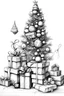 Placeholder: Draw a pencil sketch with white background of a Christmas tree hanging several gifts and arts on it