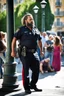 Placeholder: half figure shot photography strong chubby burly 39 years old neapolitan policeman, curly beard, dreadlocks, shirtless, manly chest, bulging trousers, in the sun, leaning against a lamppost in the middle of a crowded street, side light, sweat and wet