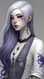 Placeholder: Realistic brutalist anime style. Your skin is light in complexion and porcelain in tone covered in tattoos and piercings. Your body is lean, with little muscle, but not too thin. Your pure white long hair in a braid colored pure white. You are wearing a long sleeved purple dress with an elegant bodice that stops at your ankles with thick stockings and leather knee-high boots.