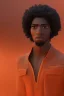 Placeholder: 3D render of a cyberpunk tribal young black man, black afro hair, ragged shirt, on a orange dune background, digital art