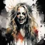 Placeholder: watercolor and ink illustration of portrait of scream queen Sherri Moon Zombie as Baby Firefly, by Russ Mills and Jeremy Mann, dynamic composition, oddball masterpiece, sfumato, complex contrast, dark background, ink splatter