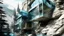 Placeholder: Modern house embedded in an urban mountain, fragmented architecture emerging like broken geological layers, interiors visible through structural cuts, constant rain creating distorted reflections, conceptual architectural illustration style like organic sci-fi Steven Holl.