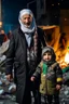 Placeholder: Palestinian old man wears the keffiyeh and the Palestinian dress Carrying a seven small child ,at winter , Destroyed Buildings , with a Explosions, at night